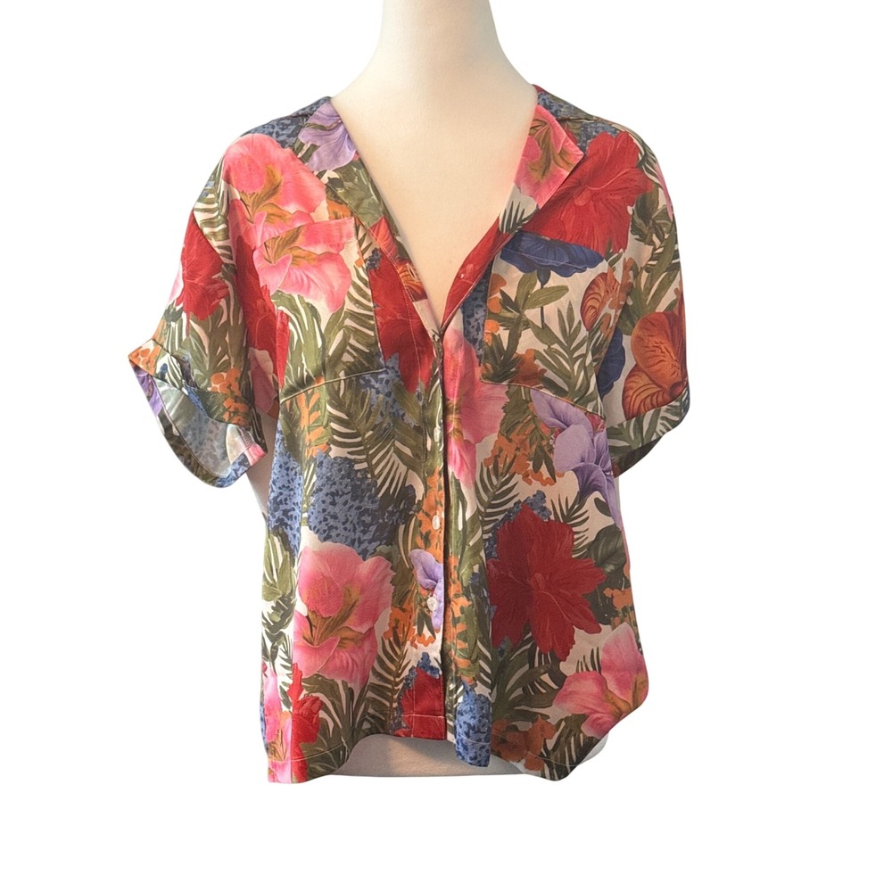 Anthropologie Tropical Tiger Floral Button Down Shirt Short Sleeve Womens Medium